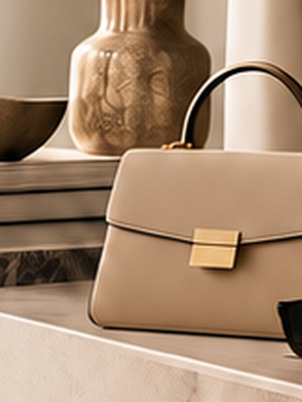 A taupe structured handbag and black sunglasses on marble