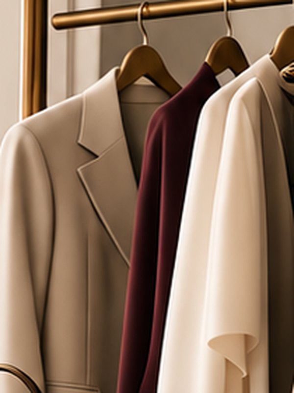 Camel, wine and ivory coats on a brass rail