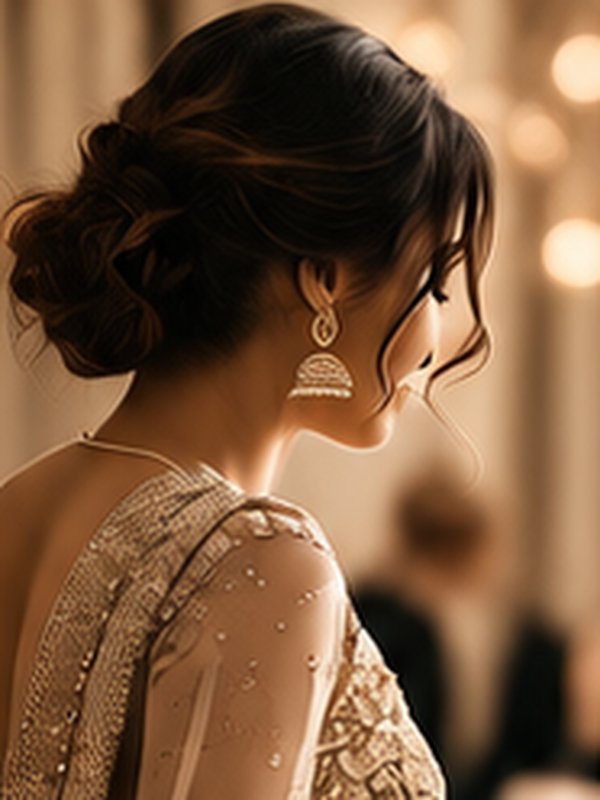 A woman in an embroidered ivory saree with gold jhumka earrings