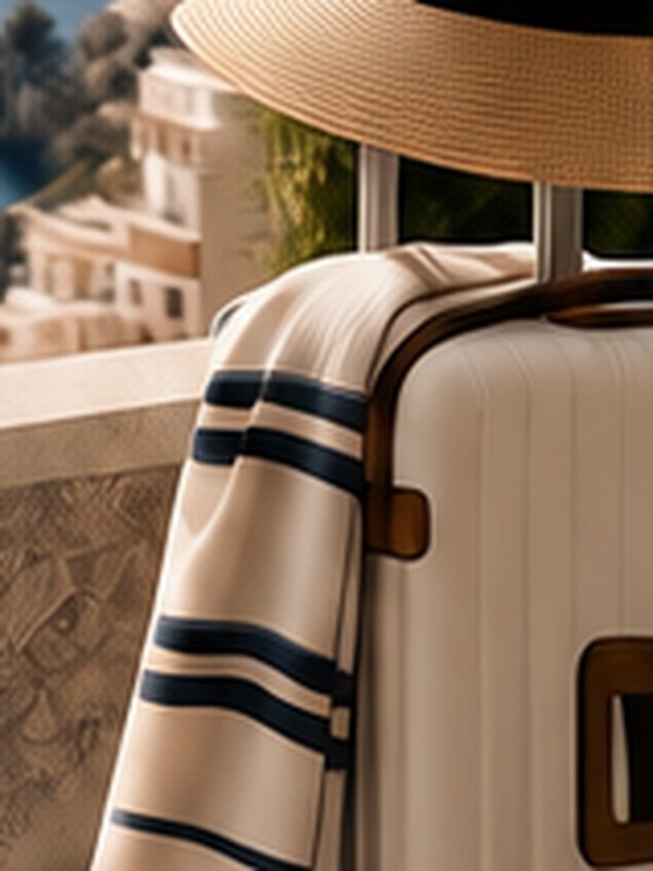 A striped scarf over a white suitcase on a coastal terrace