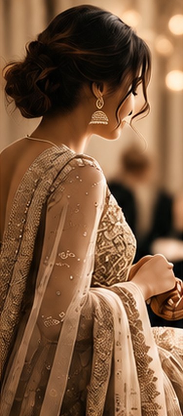 A woman in an embroidered ivory outfit with drop earrings