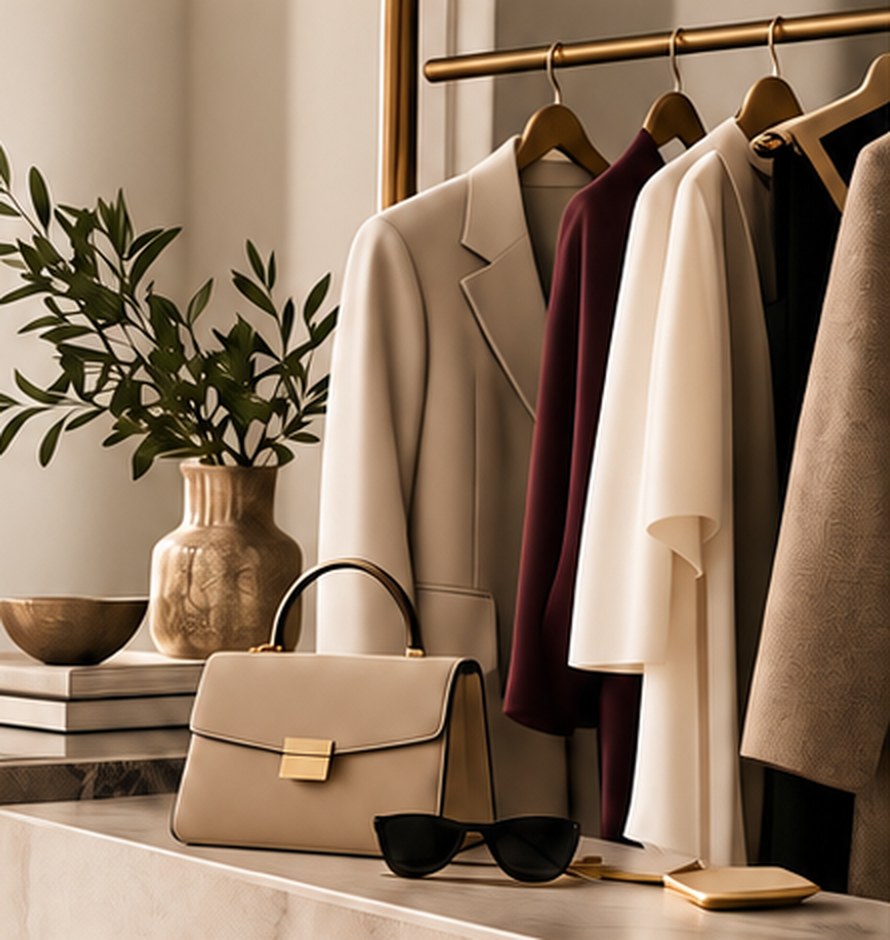Neutral and wine-coloured coats on a brass rail beside a structured handbag